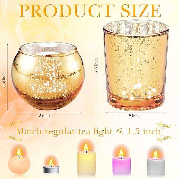 48 Pcs Votive Candle Holders Mercury Glass Candle Holder Tea Lights Candles Holders for Wedding Party Bridal Shower Anniversary Valentine's Day Table Centerpieces Decorations, 2 Styles (Gold) - Image 3