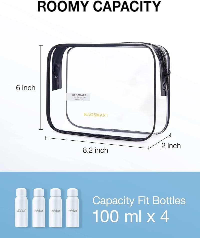 BAGSMART Clear Toiletry Bag, 2 Pack TSA Approved Travel Toiletry Bag Carry on Travel Accessories Bag Airport Airline Quart Size Bags Water Repellent Makeup Cosmetic Bag for Women (Black-2pcs) - Image 2