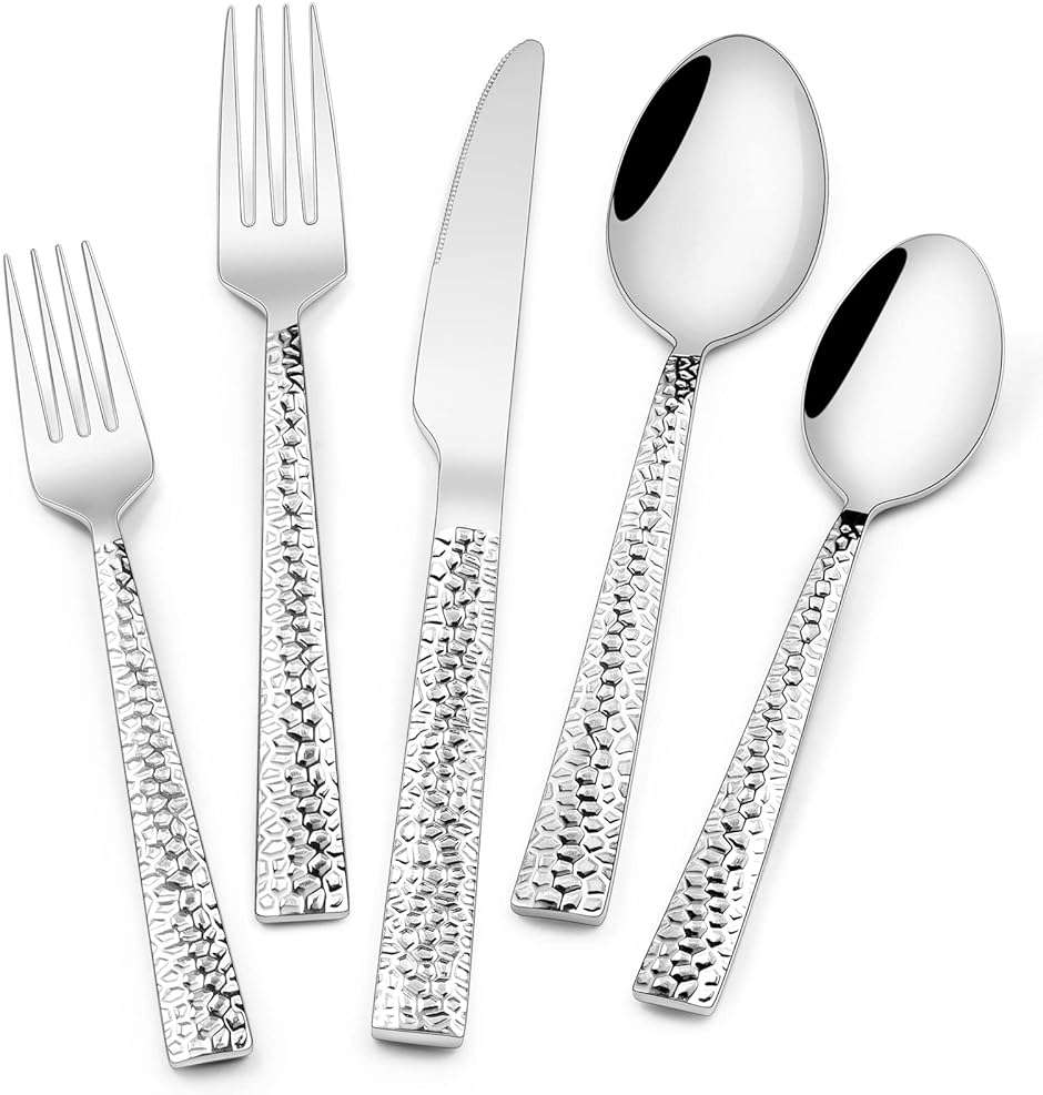 Hammered Silverware Set, 40-Piece Stainless Steel Square Flatware Set for 8, Food-Grade Tableware Cutlery Set, Utensil Sets for Home Restaurant, Mirror Finish, Dishwasher Safe - Image 1