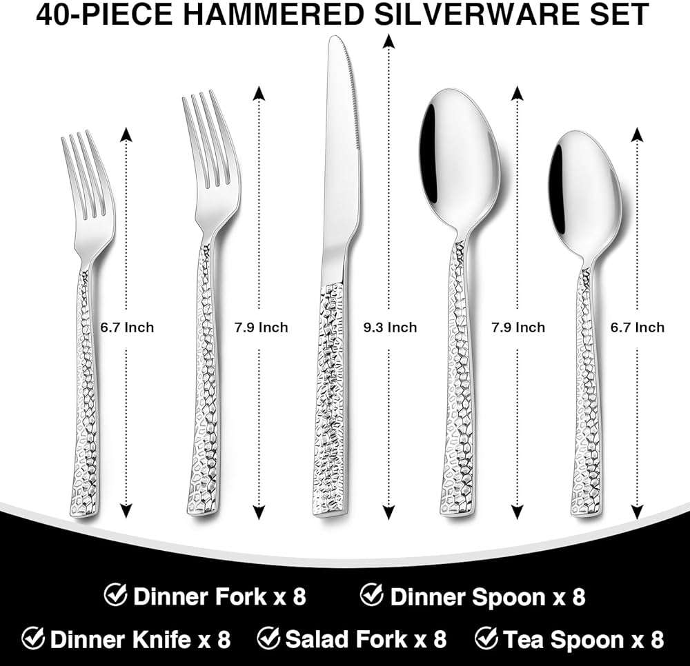 Hammered Silverware Set, 40-Piece Stainless Steel Square Flatware Set for 8, Food-Grade Tableware Cutlery Set, Utensil Sets for Home Restaurant, Mirror Finish, Dishwasher Safe - Image 2
