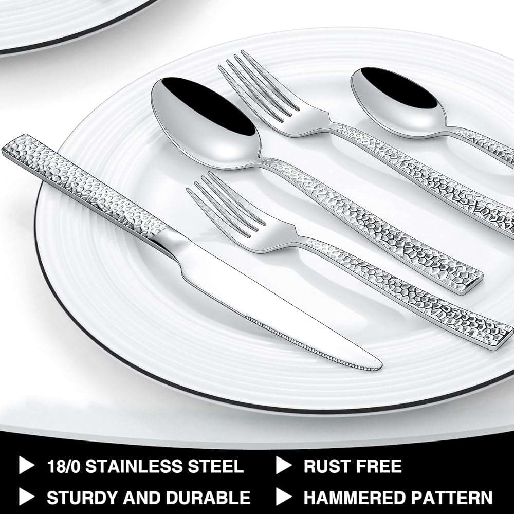 Hammered Silverware Set, 40-Piece Stainless Steel Square Flatware Set for 8, Food-Grade Tableware Cutlery Set, Utensil Sets for Home Restaurant, Mirror Finish, Dishwasher Safe - Image 5