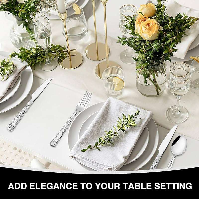 Hammered Silverware Set, 40-Piece Stainless Steel Square Flatware Set for 8, Food-Grade Tableware Cutlery Set, Utensil Sets for Home Restaurant, Mirror Finish, Dishwasher Safe - Image 6