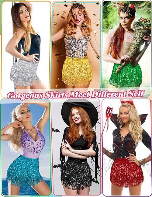 Sequin Skirt Sparkly Skirt Belly Dance Skirt Glitter Skirt Rave Sparkle Skirt Sequin Tassel Skirt Fringe Hip Scarf Women - Image 3