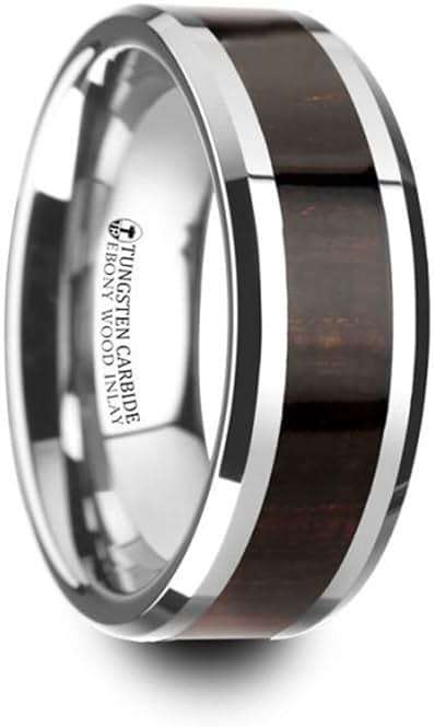 Thorsten - Arcane Ebony Wood Inlaid Tungsten Carbide Ring with Bevels - 8mm - Image 1
