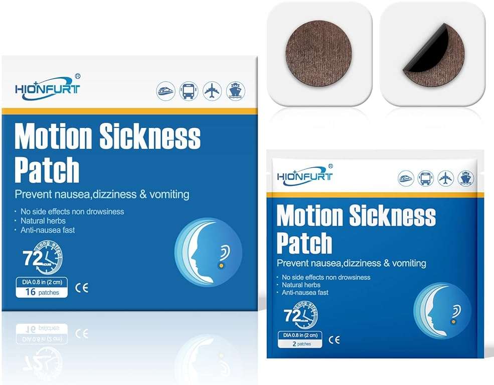 Hionfurt 16ct Motion Sickness Patches – Sea Sickness Patches for Cruise, Car, Airplane, and Other Travel – Non-Drowsy, Effective, Lasts 72 Hours - Image 1