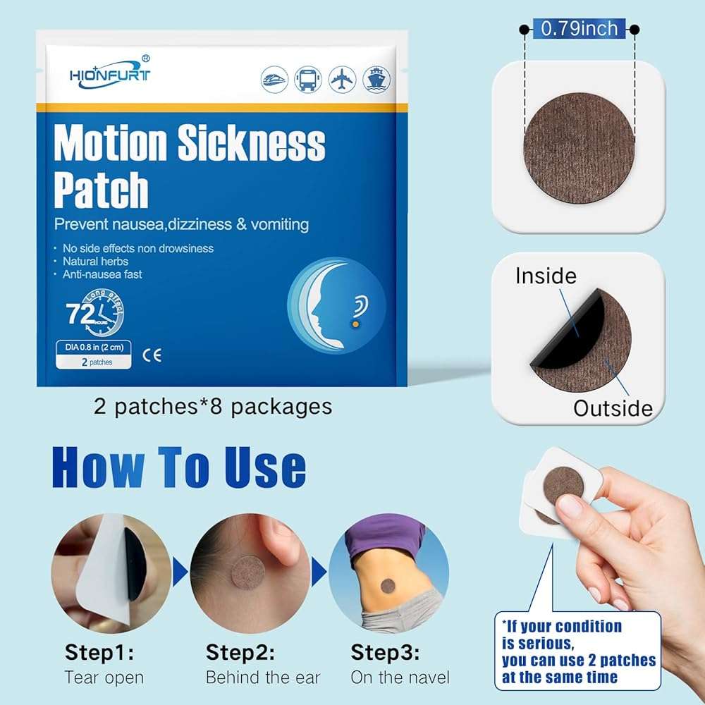 Hionfurt 16ct Motion Sickness Patches – Sea Sickness Patches for Cruise, Car, Airplane, and Other Travel – Non-Drowsy, Effective, Lasts 72 Hours - Image 3