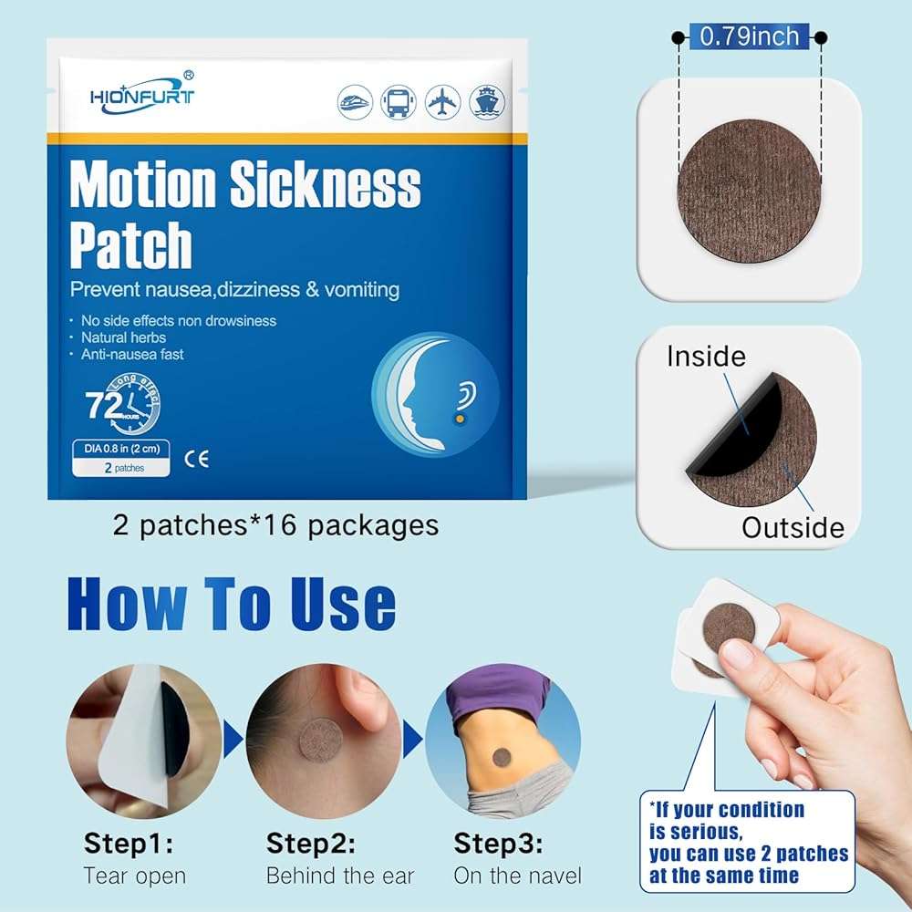 Hionfurt 32ct Motion Sickness Patches – Sea Sickness Patches for Cruise, Car, Airplane, and Other Travel – Non-Drowsy, Effective, Lasts 72 Hours - Image 3