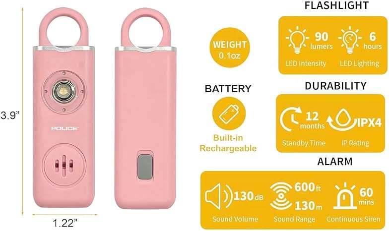 Police Personal Safety Alarm 130dB Rechargeable Emergency Self Defense Keychain with LED Flashlight & SOS for Women, Men, Kids & Seniors, Pink - Image 2