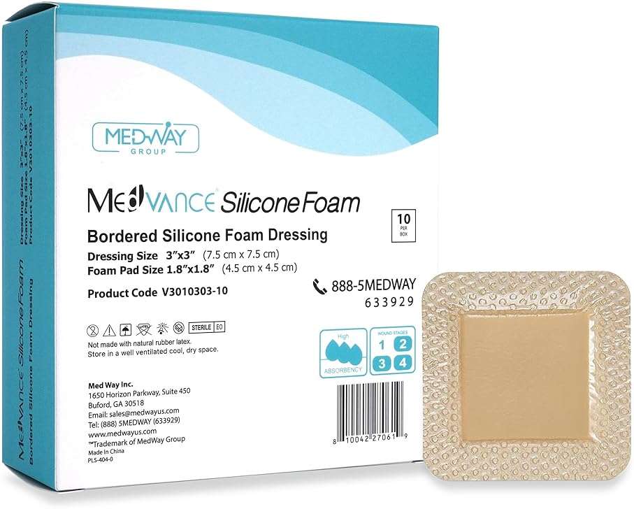 MedVance 10 Pack 3"x3" Silicone Foam Dressing Bordered Dressing, Waterproof Silicone Bandages for Wounds Care, Bed Sore Patches, Super Absorbent Wound Dressing, Self Adhesive Pressure Sore Pads - Image 1