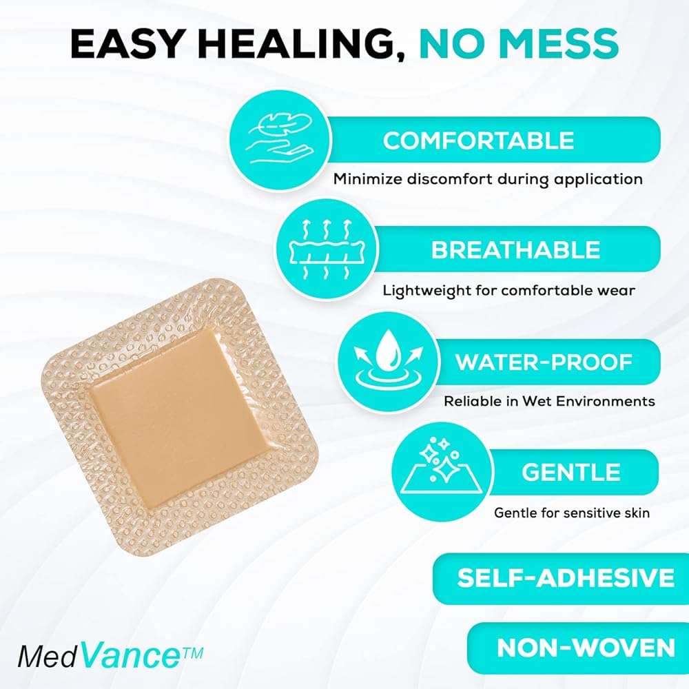 MedVance 10 Pack 3"x3" Silicone Foam Dressing Bordered Dressing, Waterproof Silicone Bandages for Wounds Care, Bed Sore Patches, Super Absorbent Wound Dressing, Self Adhesive Pressure Sore Pads - Image 5