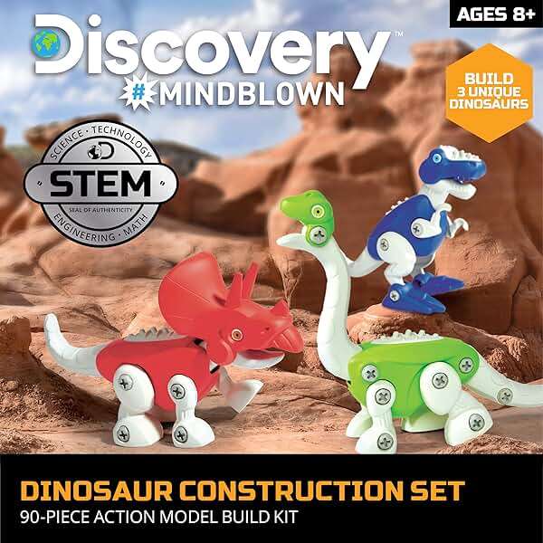 Discovery™ Dinosaur Construction Set, 90-Piece Action Model Build Kit, Kid-Safe Electronic Tools & Screws, Create T-Rex Triceratops, Prehistoric Monster Learning STEM Toy for Paleontologists - Image 2