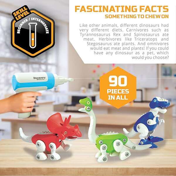 Discovery™ Dinosaur Construction Set, 90-Piece Action Model Build Kit, Kid-Safe Electronic Tools & Screws, Create T-Rex Triceratops, Prehistoric Monster Learning STEM Toy for Paleontologists - Image 5