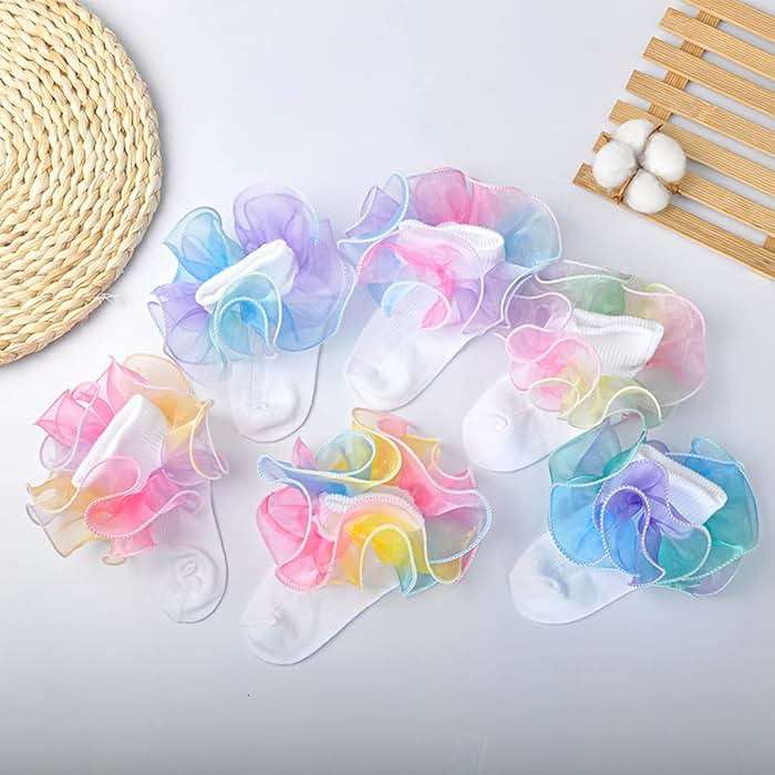 Hopply Toddler Girls Double Lace Socks Turn Cuff Shimmering Big Ruffle Rainbow Style Dress Lace Socks for Infant Kids - Image 4