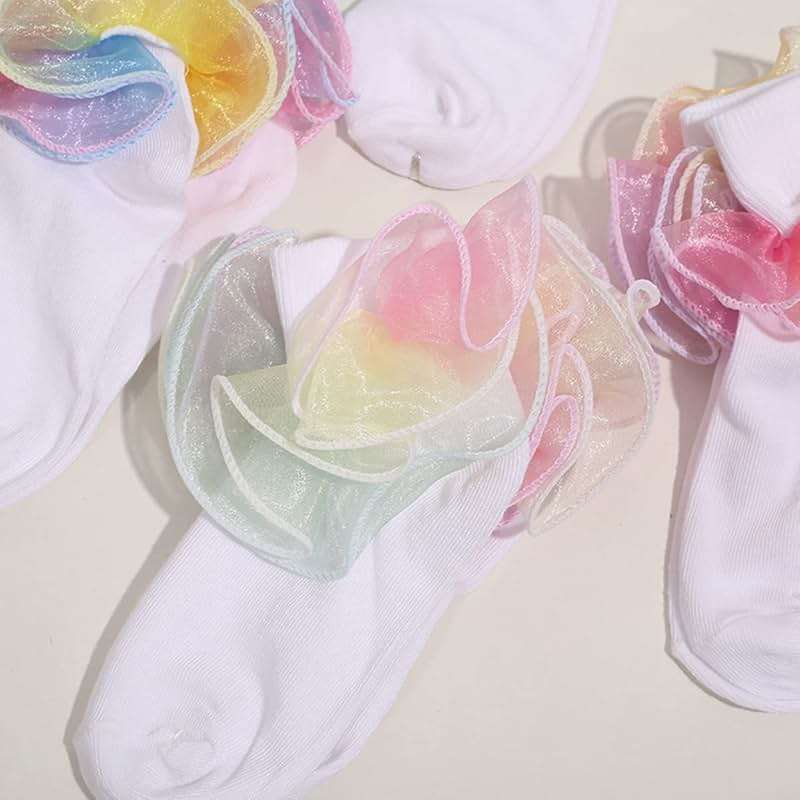 Hopply Toddler Girls Double Lace Socks Turn Cuff Shimmering Big Ruffle Rainbow Style Dress Lace Socks for Infant Kids - Image 5