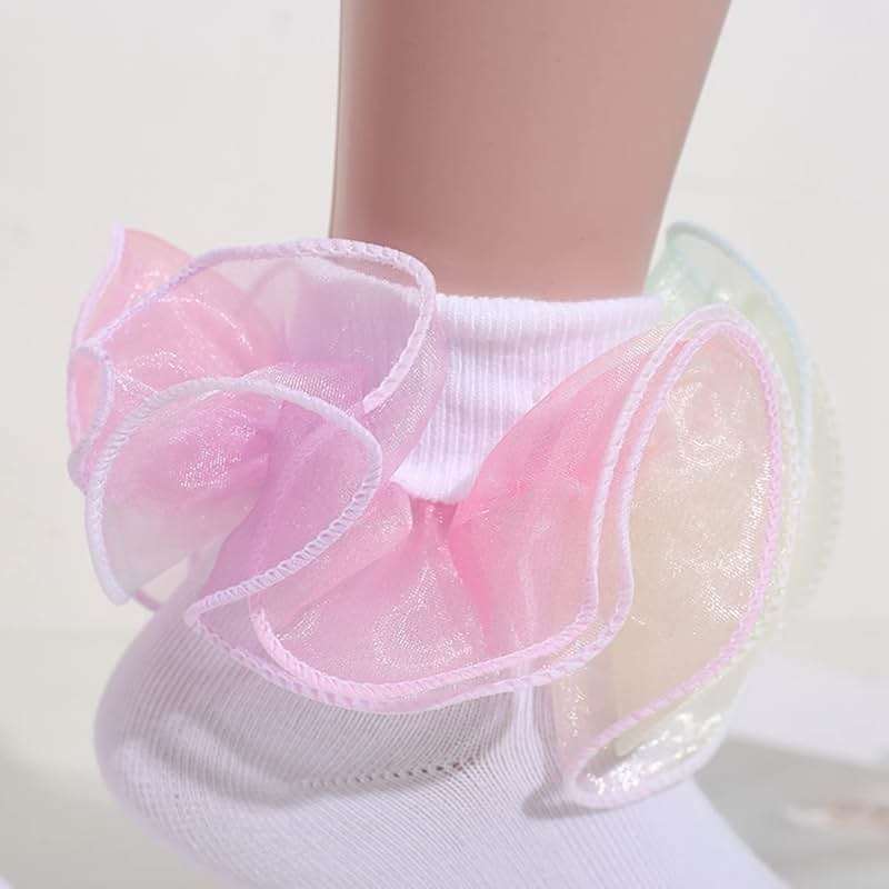Hopply Toddler Girls Double Lace Socks Turn Cuff Shimmering Big Ruffle Rainbow Style Dress Lace Socks for Infant Kids - Image 6