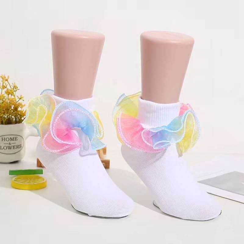 Hopply Toddler Girls Double Lace Socks Turn Cuff Shimmering Big Ruffle Rainbow Style Dress Lace Socks for Infant Kids - Image 7