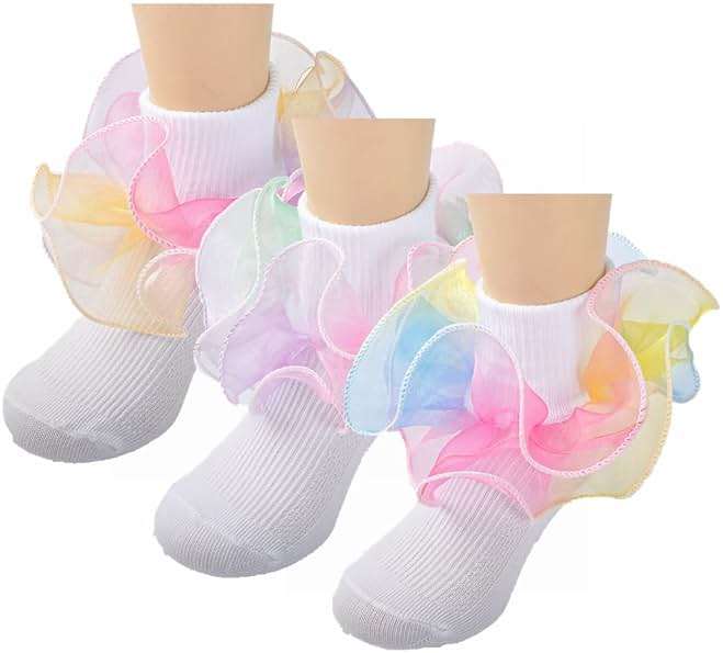Hopply Toddler Girls Double Lace Socks Turn Cuff Shimmering Big Ruffle Rainbow Style Dress Lace Socks for Infant Kids - Image 9