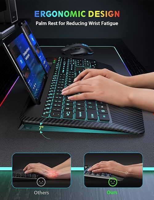 Wireless Keyboard and Mouse Backlit, Wrist Rest, LED Mouse, Rechargeable Ergonomic Keyboard with Phone Holder, Silent Light Up Combo for Computer, Mac, PC, Laptop, Chromebook - SABLUTE KM22 Ultra+ - Image 3