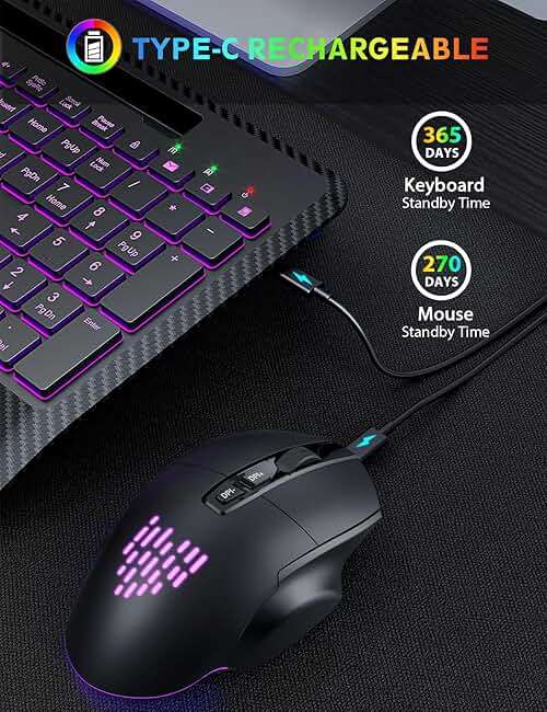Wireless Keyboard and Mouse Backlit, Wrist Rest, LED Mouse, Rechargeable Ergonomic Keyboard with Phone Holder, Silent Light Up Combo for Computer, Mac, PC, Laptop, Chromebook - SABLUTE KM22 Ultra+ - Image 4