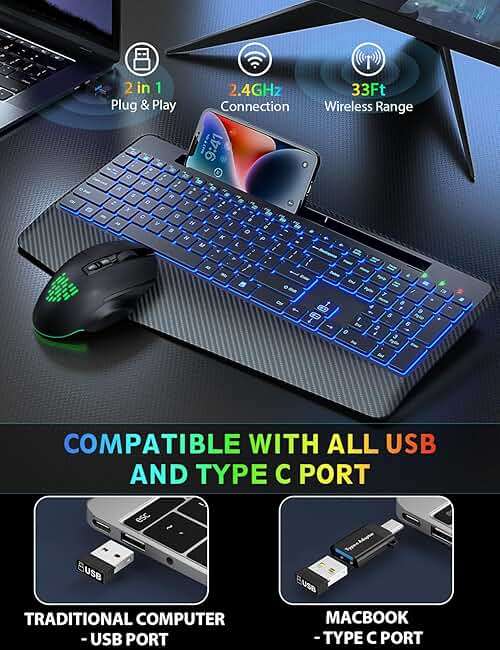 Wireless Keyboard and Mouse Backlit, Wrist Rest, LED Mouse, Rechargeable Ergonomic Keyboard with Phone Holder, Silent Light Up Combo for Computer, Mac, PC, Laptop, Chromebook - SABLUTE KM22 Ultra+ - Image 5