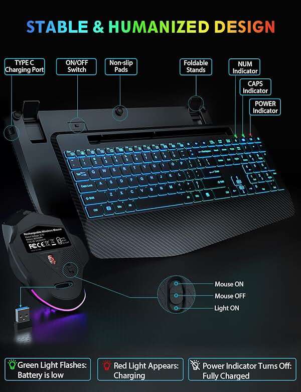 Wireless Keyboard and Mouse Backlit, Wrist Rest, LED Mouse, Rechargeable Ergonomic Keyboard with Phone Holder, Silent Light Up Combo for Computer, Mac, PC, Laptop, Chromebook - SABLUTE KM22 Ultra+ - Image 7