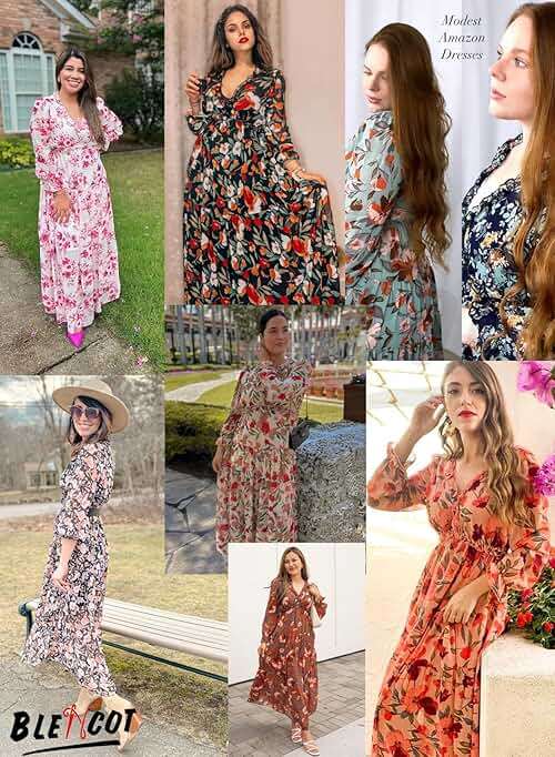 BLENCOT Womens Casual Boho Floral Printed V Neck Long Sleeve Long Maxi Dress Spring Summer Dresses - Image 5