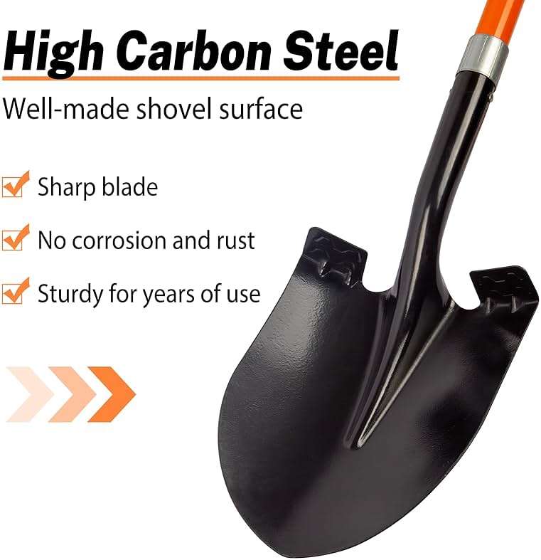 VNIMTI Heavy Duty Gardening Shovel, 56 Inch Round Blade with Fiberglass Handle (Orange) - Image 4