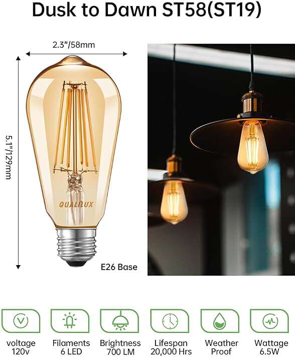 Qualilux Dusk to Dawn ST19 LED Edison Light Bulbs, Vintage Amber Glass, 2300K Amber Warm, 6.5W=60W, Non-Dimmable Auto On/Off Light Sensing LED Filament Bulb Outdoor, 700LM, E26, 2-Pack, HQ-H027 - Image 5