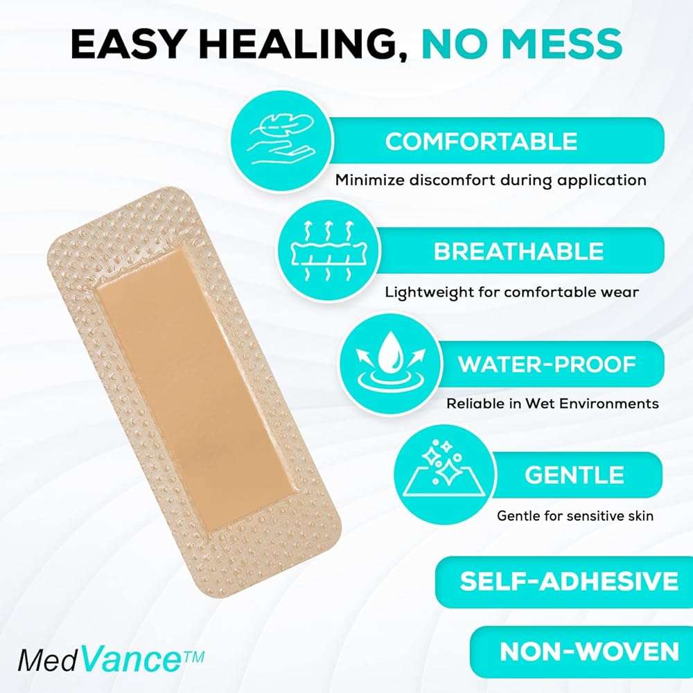 MedVance 10 Pack 2"x5" Silicone Foam Dressing Bordered Dressing, Waterproof Silicone Bandages for Wounds Care, Bed Sore Patches, Super Absorbent Wound Dressing, Self Adhesive Pressure Sore Pads - Image 5