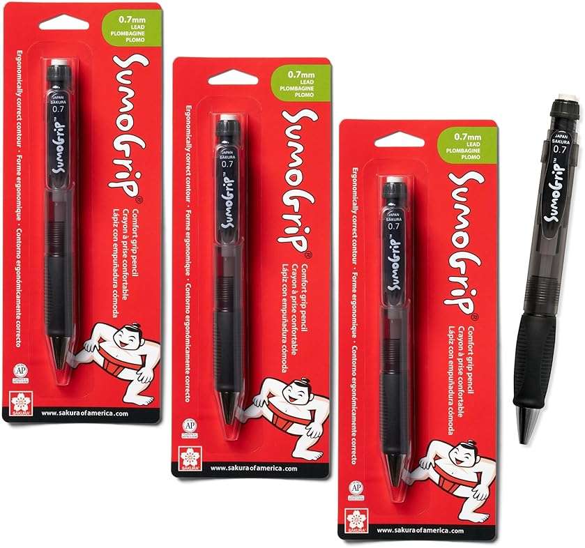 SAKURA SumoGrip Pencil with Comfort Grip - 0.7 mm Ergonomic Mechanical Pencil - Clear Gray - 3 Pack - Image 1