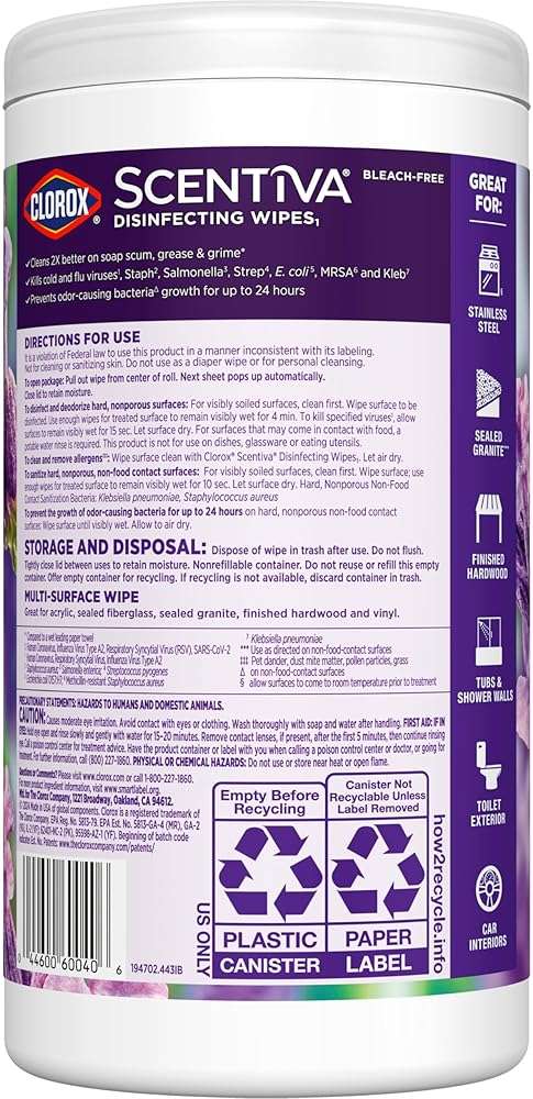 Clorox Scentiva Disinfecting Wipes, Lavender and Jasmine, Antibacterial, 75 Count - Image 12