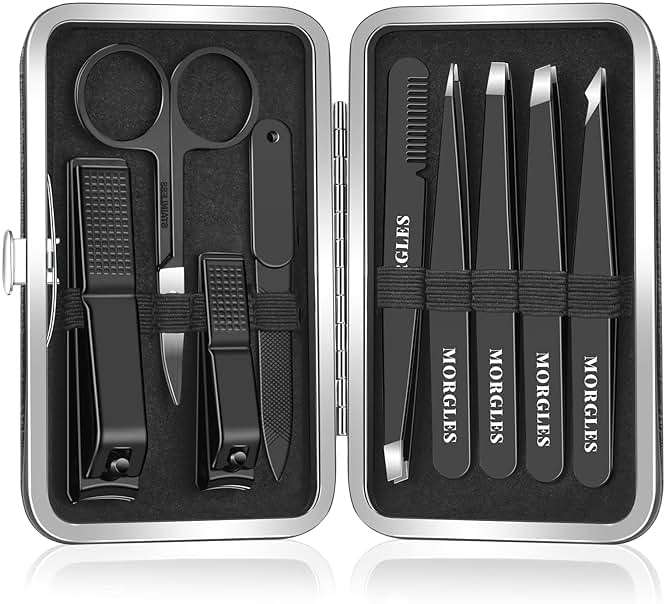 MORGLES Tweezers Set and Nail Clippers, 9 Pcs Stainless Steel Tweezers Kit for Men Professional Manicure Set for Men Grooming Kit With Leather Travel Case - Image 1