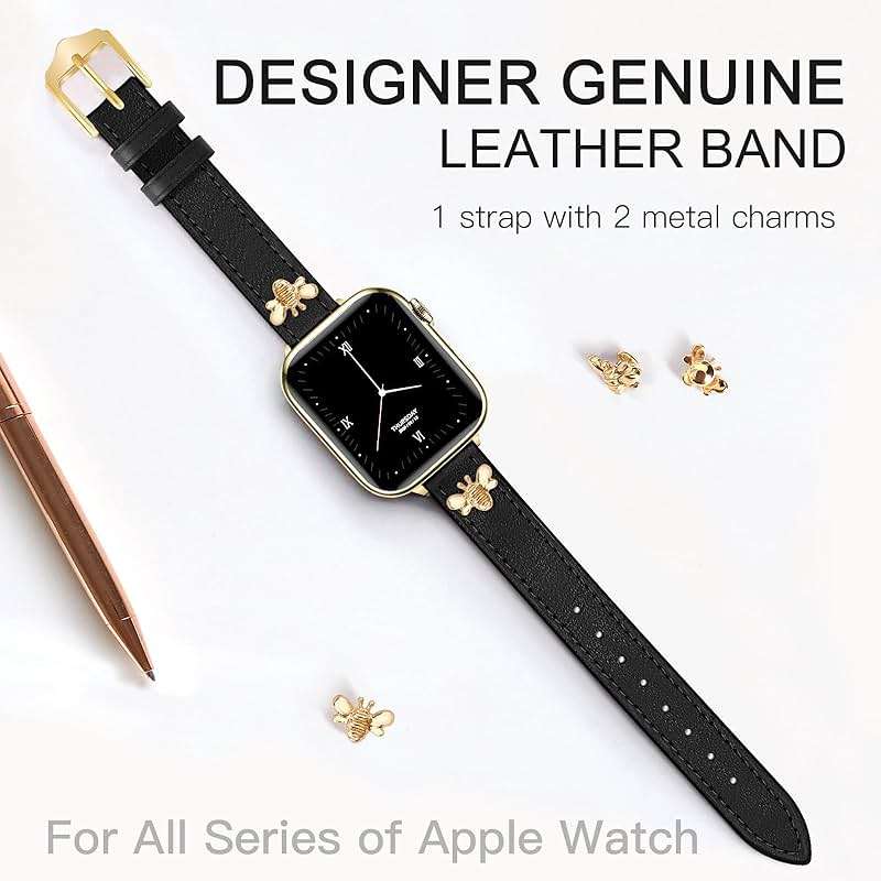 JR.DM Slim Leather Bands Compatible with Apple Watch Band 38mm 40mm 41mm 42mm 44mm 45mm 46mm 49mm, Genuine Leather Band with Charms, Feminine Design for Iwatch Ultra SE Series 11 10 9 8 7 6 5 4 3 2 1 - Image 2
