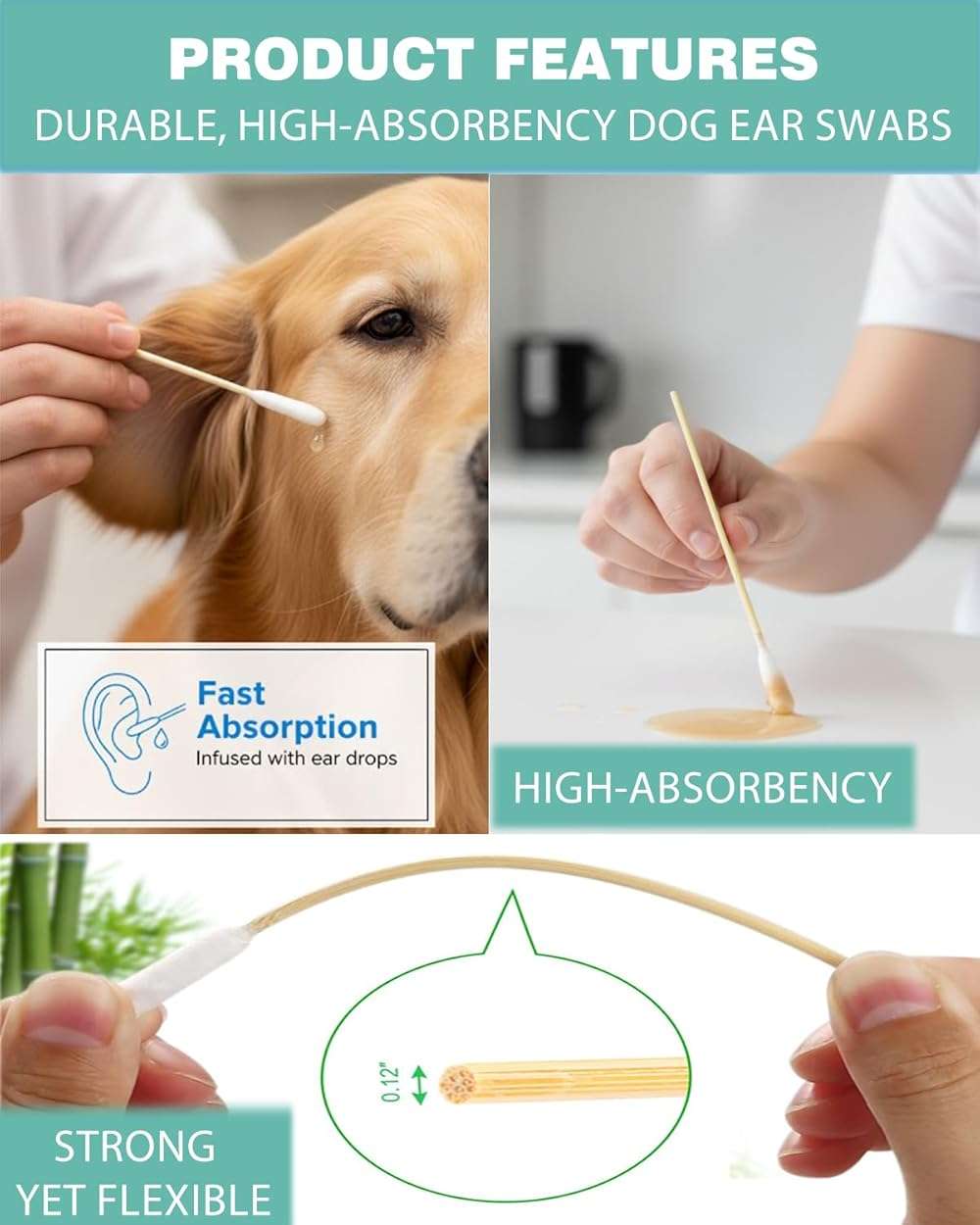 AkoSlale Dog Ear Cleaning Swabs 200 Count – 6 Inch Extra Long Bamboo Cotton Swabs for Dogs & Cats, Large Lint-Free Cotton Tipped Applicators for Ear Wax Removal, Tear Stains & Grooming - Image 4