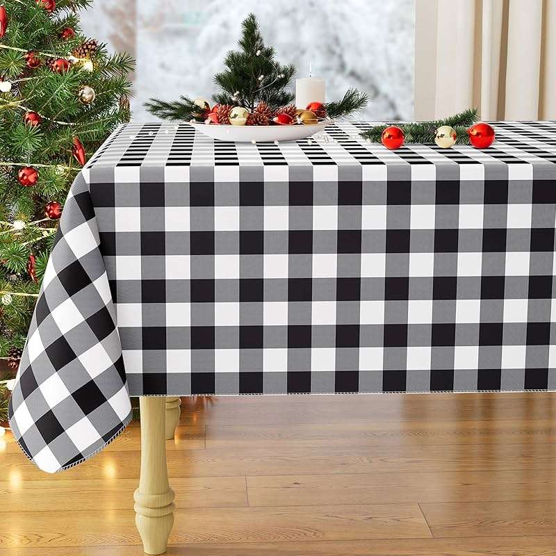 misaya Rectangle Waterproof Vinyl Table Cloth, Buffalo Flannel Backed Tablecloth, Wipeable Plastic Table Cover for Dinner, Kitchen, Outdoor (60" x 84", Black and White) - Image 1