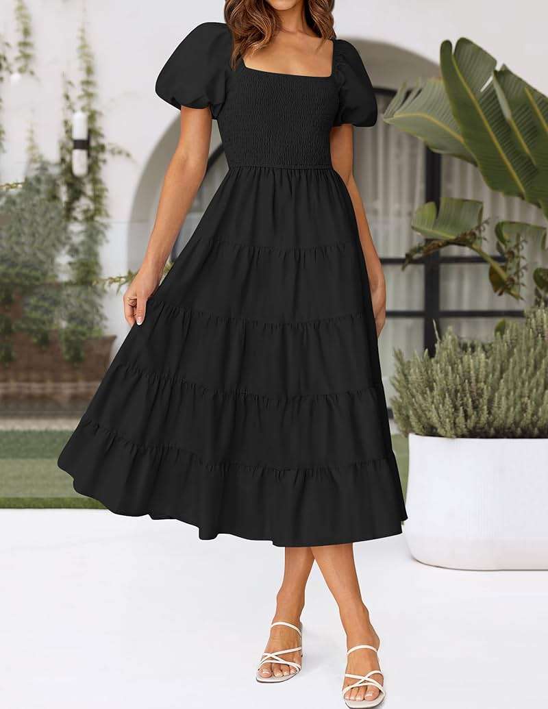 ZESICA Women's 2026 Summer Puff Sleeve Midi Dress 2026 Boho Solid High Waist Flowy Beach Wedding Guest Long Dresses - Image 2