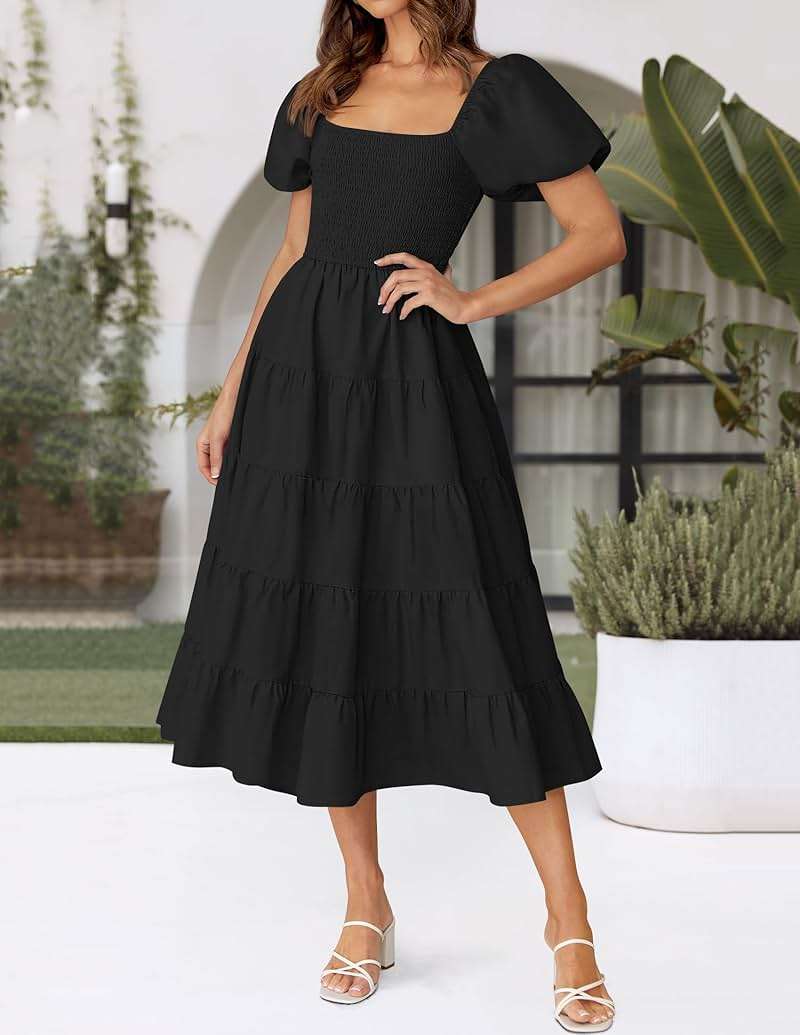 ZESICA Women's 2026 Summer Puff Sleeve Midi Dress 2026 Boho Solid High Waist Flowy Beach Wedding Guest Long Dresses - Image 3