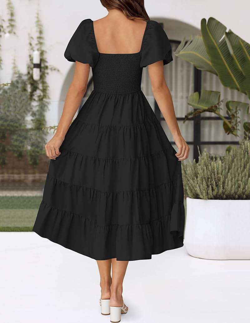 ZESICA Women's 2026 Summer Puff Sleeve Midi Dress 2026 Boho Solid High Waist Flowy Beach Wedding Guest Long Dresses - Image 4