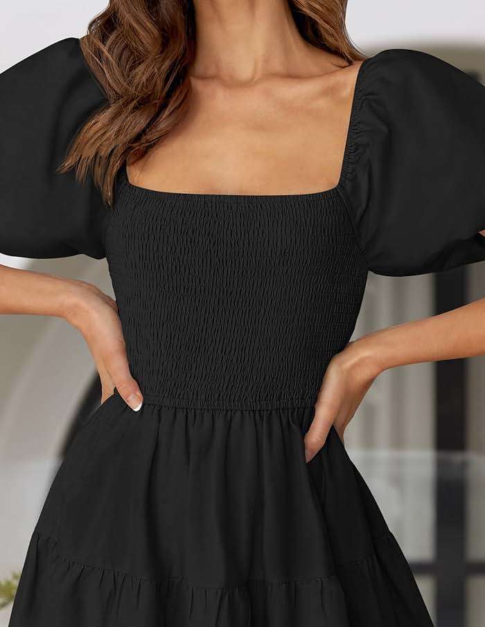 ZESICA Women's 2026 Summer Puff Sleeve Midi Dress 2026 Boho Solid High Waist Flowy Beach Wedding Guest Long Dresses - Image 5