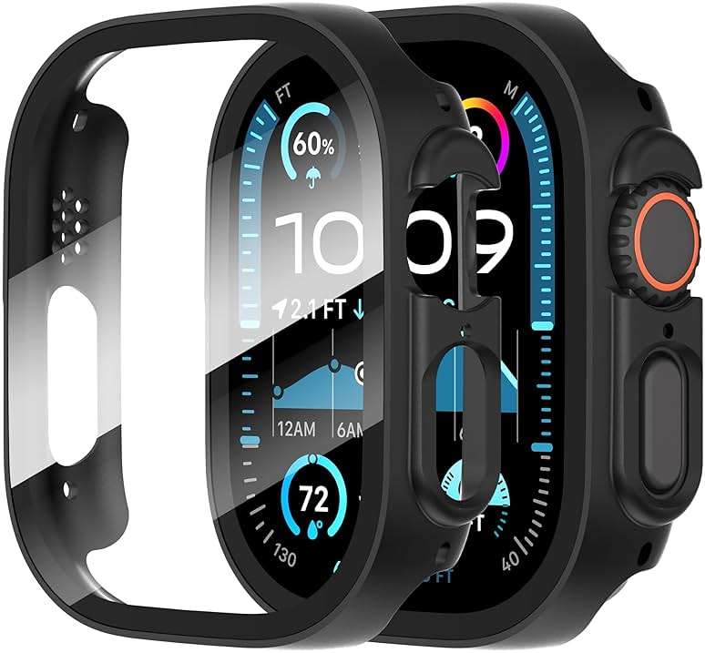 Suoman 2-Pack for Apple Watch Ultra 3/2/1 49mm Case, Ultra-Thin Tempered Glass Screen Protector, All-Around PC Protection Cover for iWatch Ultra 49mm 3/2/1r - Black - Image 1
