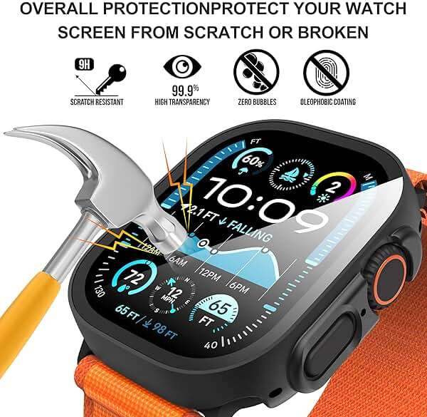 Suoman 2-Pack for Apple Watch Ultra 3/2/1 49mm Case, Ultra-Thin Tempered Glass Screen Protector, All-Around PC Protection Cover for iWatch Ultra 49mm 3/2/1r - Black - Image 3