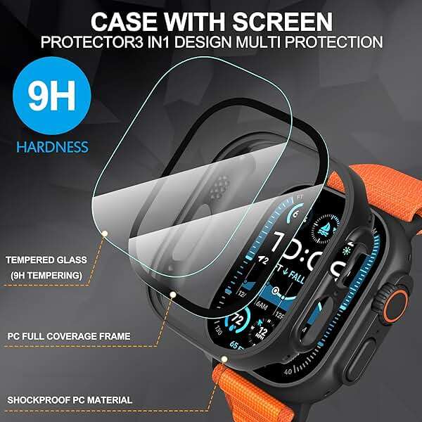 Suoman 2-Pack for Apple Watch Ultra 3/2/1 49mm Case, Ultra-Thin Tempered Glass Screen Protector, All-Around PC Protection Cover for iWatch Ultra 49mm 3/2/1r - Black - Image 5