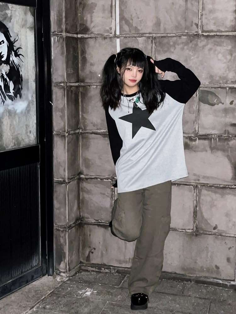 Pooyikoi Y2K Pullover T-Shirts Women Contrast Patchwork Grunge Harajuku Clothes Full Sleeve Preppy Long Sweats Tops - Image 6