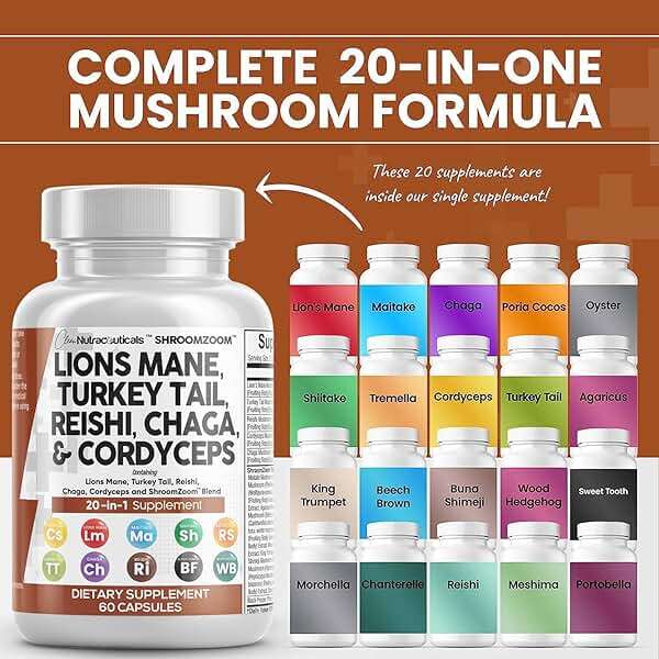Clean Nutraceuticals Lions Mane 20in1 Mushroom Supplement with Turkey Tail Reishi Cordyceps Chaga Maitake Meshima Poria Cocos Shiitake Oyster Porcini Enoki - 1 Pack - Image 2