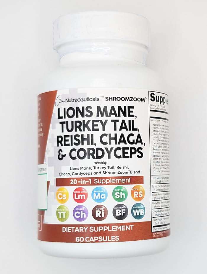 Clean Nutraceuticals Lions Mane 20in1 Mushroom Supplement with Turkey Tail Reishi Cordyceps Chaga Maitake Meshima Poria Cocos Shiitake Oyster Porcini Enoki - 1 Pack - Image 5