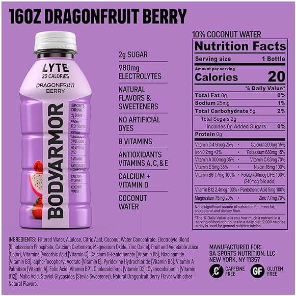 BODYARMOR Lyte Sports Drink Low-Calorie Beverage, Dragonfruit Berry, Coconut Water Hydration, Natural Flavors with Vitamins, Potassium-Packed Electrolytes, 16 Fl Oz (Pack of 12) - Image 2