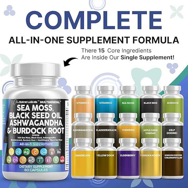 Clean Nutraceuticals Sea Moss Black Seed Oil Ashwagandha Turmeric Bladderwrack Burdock & Vitamin C Vitamin D3 with Elderberry Manuka Dandelion Yellow Dock Iodine Chlorophyll ACV - Image 2