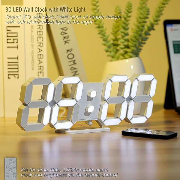 KOSUMOSU 3D LED Digital Wall Clock ,9.7", Large Display Table/ Desk Clock with Remote Control 12/24H Temperature (White Light) - Image 2