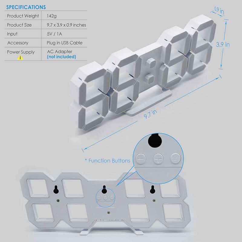 KOSUMOSU 3D LED Digital Wall Clock ,9.7", Large Display Table/ Desk Clock with Remote Control 12/24H Temperature (White Light) - Image 3