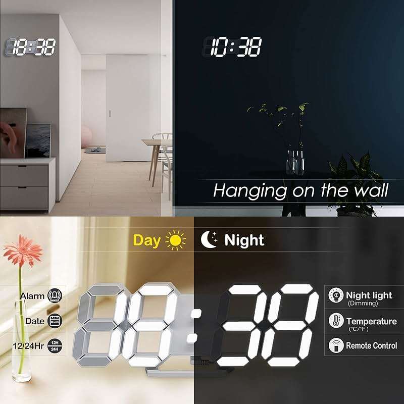 KOSUMOSU 3D LED Digital Wall Clock ,9.7", Large Display Table/ Desk Clock with Remote Control 12/24H Temperature (White Light) - Image 4